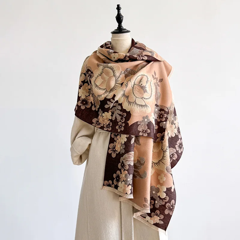 

Двусторонний шарф нового дизайна с пионами, зимний, универсальный, двусторонний, утолщенный, теплый, для защиты от кондиционера, шейный платок из искусственного кашемира.