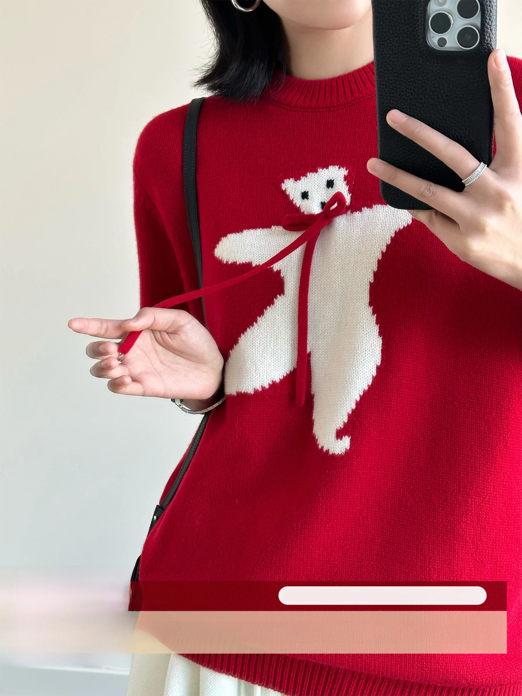 

WANGER Bear Embroidery Knitted Sweater round Ne ort Sve 00% Wool Belted Anti-Aging Cute And Romantic Women's Top