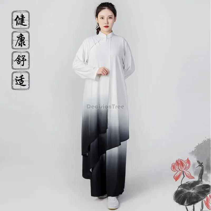 

2023 long tai chi men women martial gradual change color loose retro training suit set chinese style tai chi performance set w52