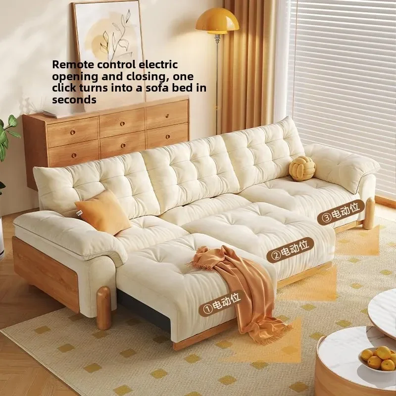 

Living room electric sofa bed small apartment Japanese cream wind multi-functional telescopic straight row log fabric sofa