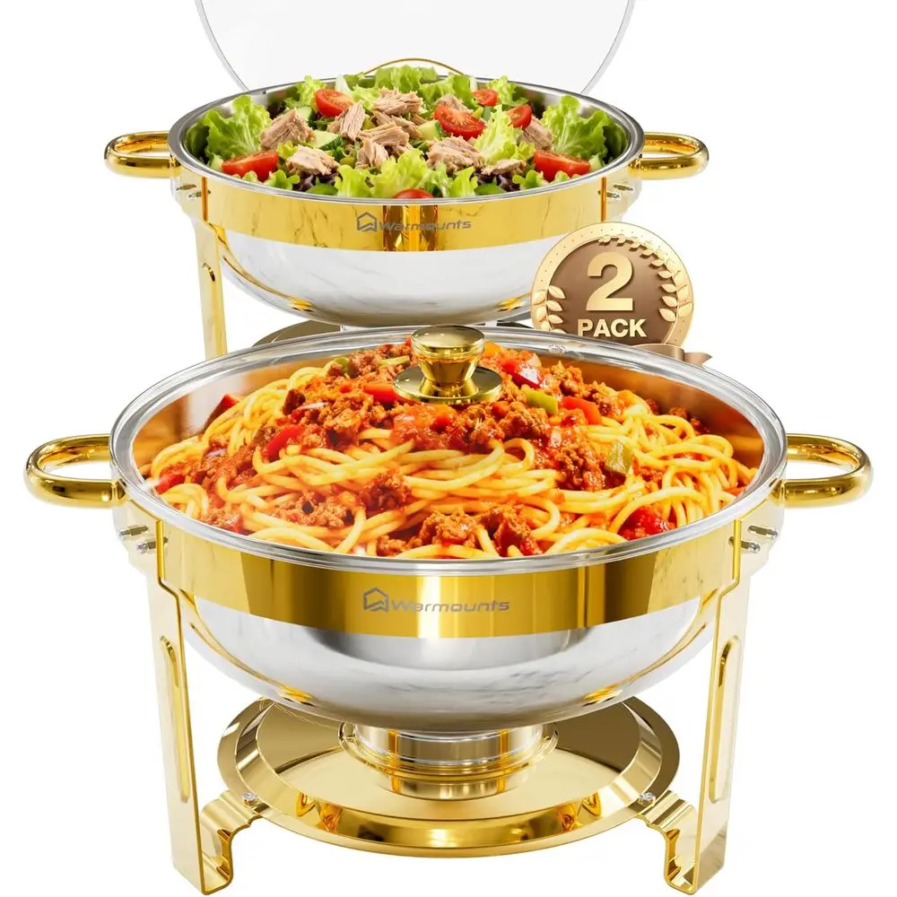 

WARMOUNTS Gold Chaing Dishes or Buet, StainlSteel Round Chaers and Buet Warmers Sets with Glass Lid & Lid Holder, Stackable Desi