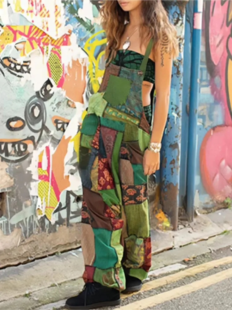 موضة المرقعة الحمالات بنطلون بذلة للنساء الهيب هوب المرقعة العرقية طباعة فضفاض سراويلي حريمي الشارع السروال القصير الإناث