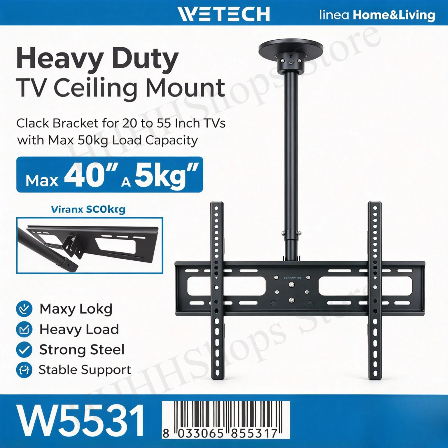 Soporte de techo para televisión con altura ajustable, de 60 a 90 cm, para televisores de 20 a 55 pulgadas, con capacidad máxima de 50 kg, compatible con el estándar VESA, soporte resistente para televisión.