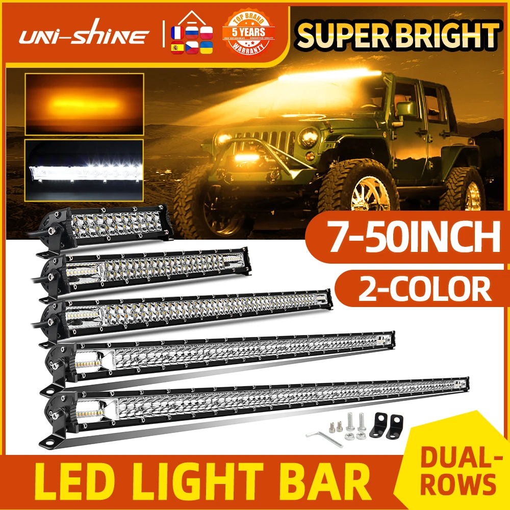 UNI-SHINE LED Light Bar 12V 24V 7 14 20 32 50 INCH Dual Row White Amber Flash Lights Off Road Led Bar For 4WD ATV Tractor