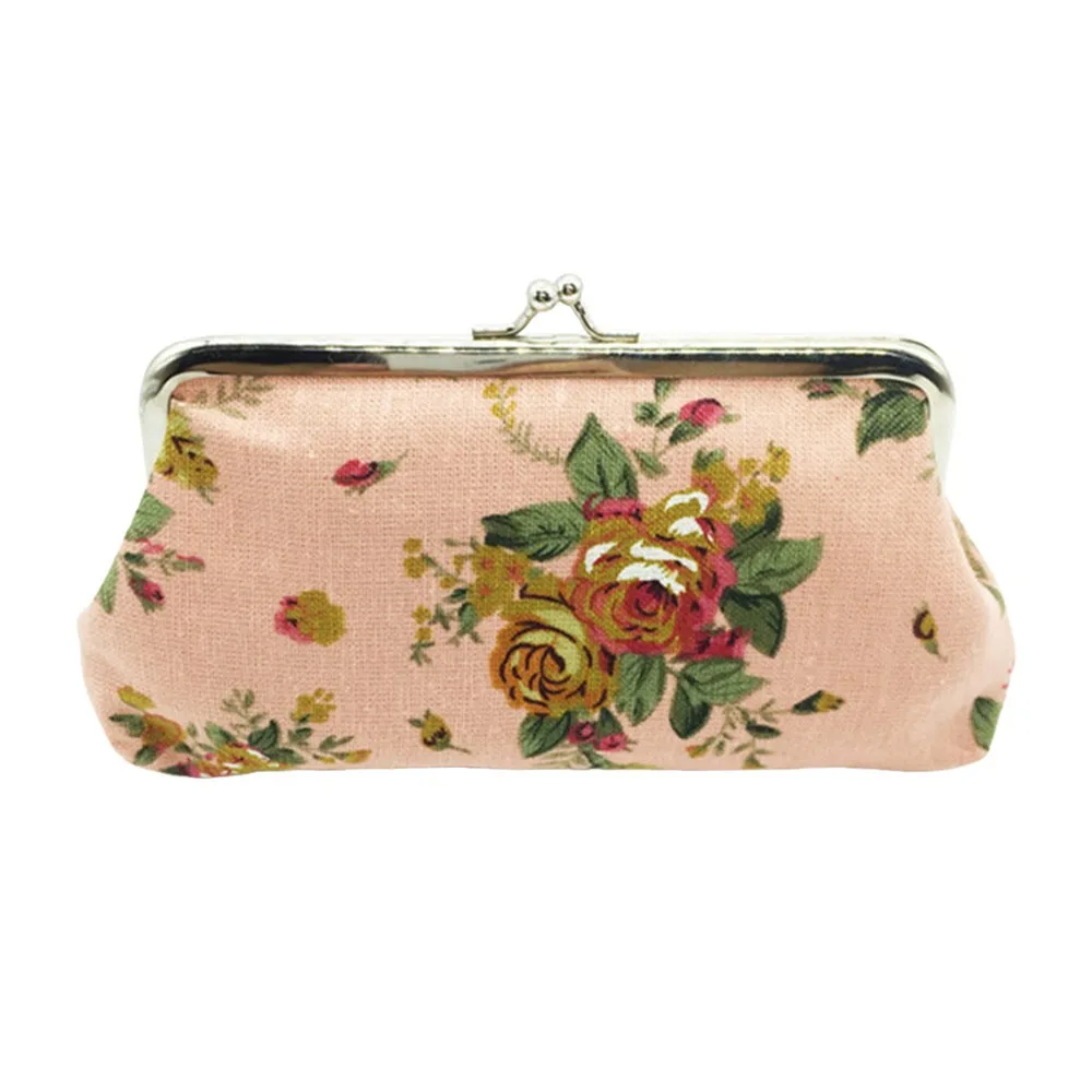 Retro Canvas Coin Purse Rose Floral Print Long Clutch Wallet Metal Hasp Makeup Bag for Women