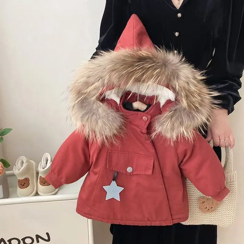 

Baby Girls' Cotton Jacket Autumn and Winter 2026 New Style Children's Plush Thickened Wool Collar Parker Cotton Coat 80-130cm