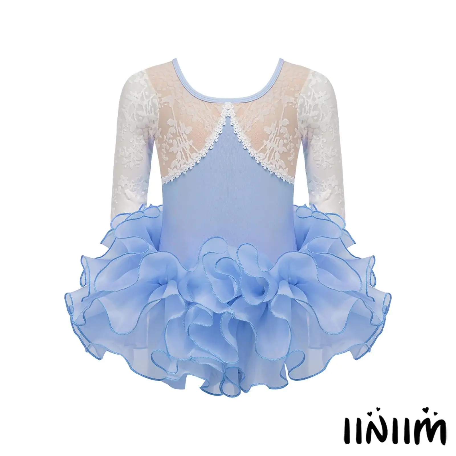 

Kids Girls Long Sleeve Dance Leotard Floral Jacquard Pattern Stretch Mesh Patchwork Layered Performance Skirt for Ballet Classes