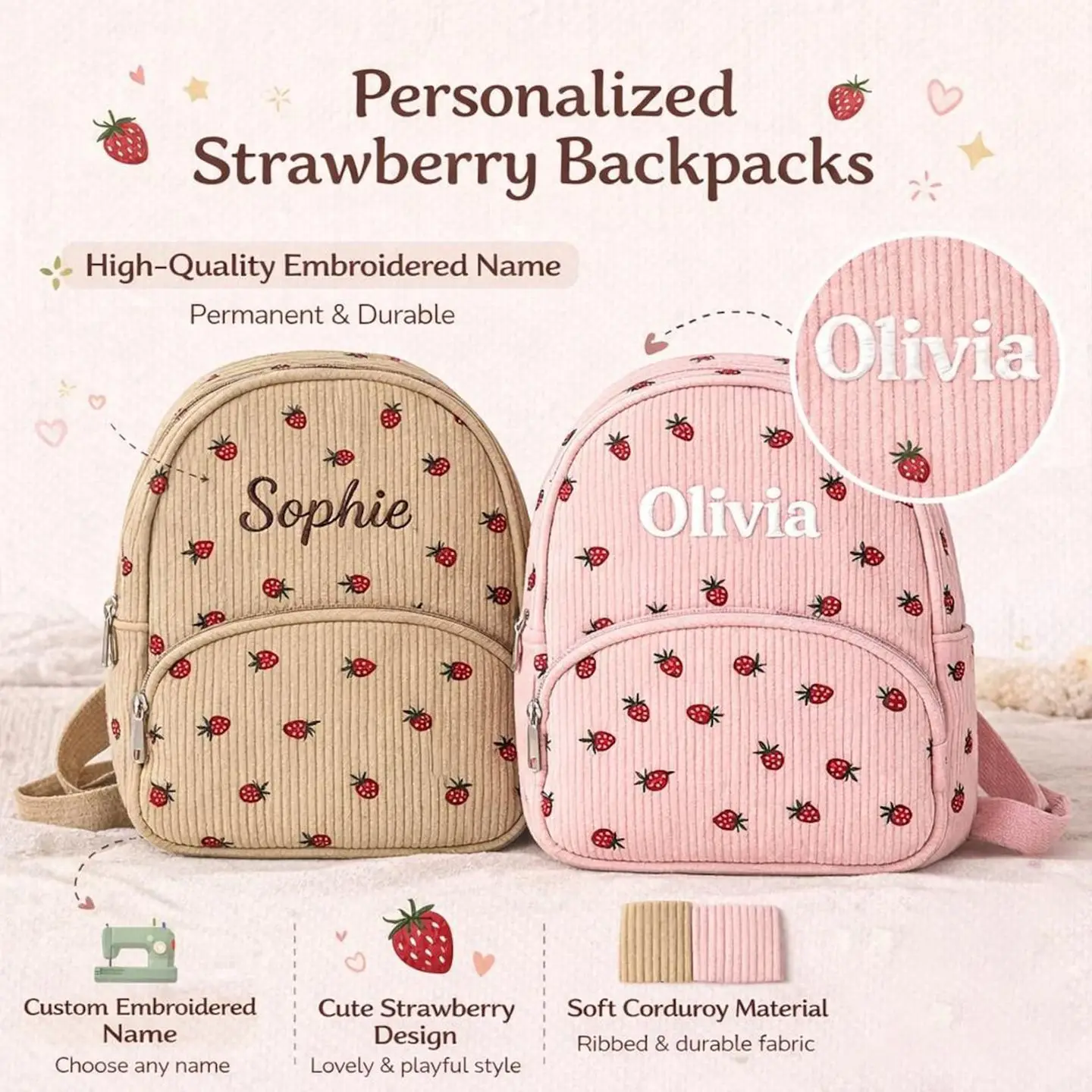 Custom Cute Strawberry Backpack, Corduroy Backpack, Fashionable Casual Bag, Personalized Embroidered Cartoon Sstrawberry Backpac