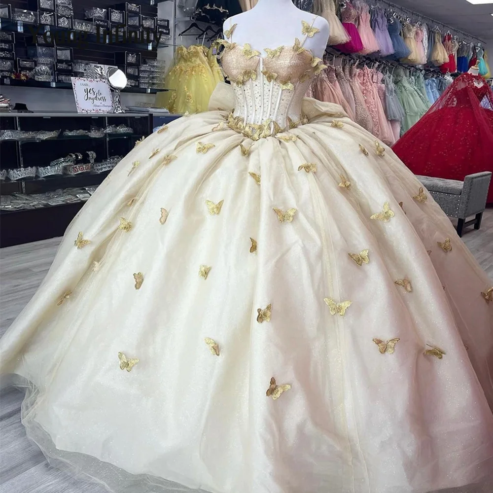 Champagne Spaghetti Butterfly 15 Quinceanera Dresses 2024 Beaded Bow Princess Sweet 15 16 Dresses Ball Gown Birthday Gowns Gala