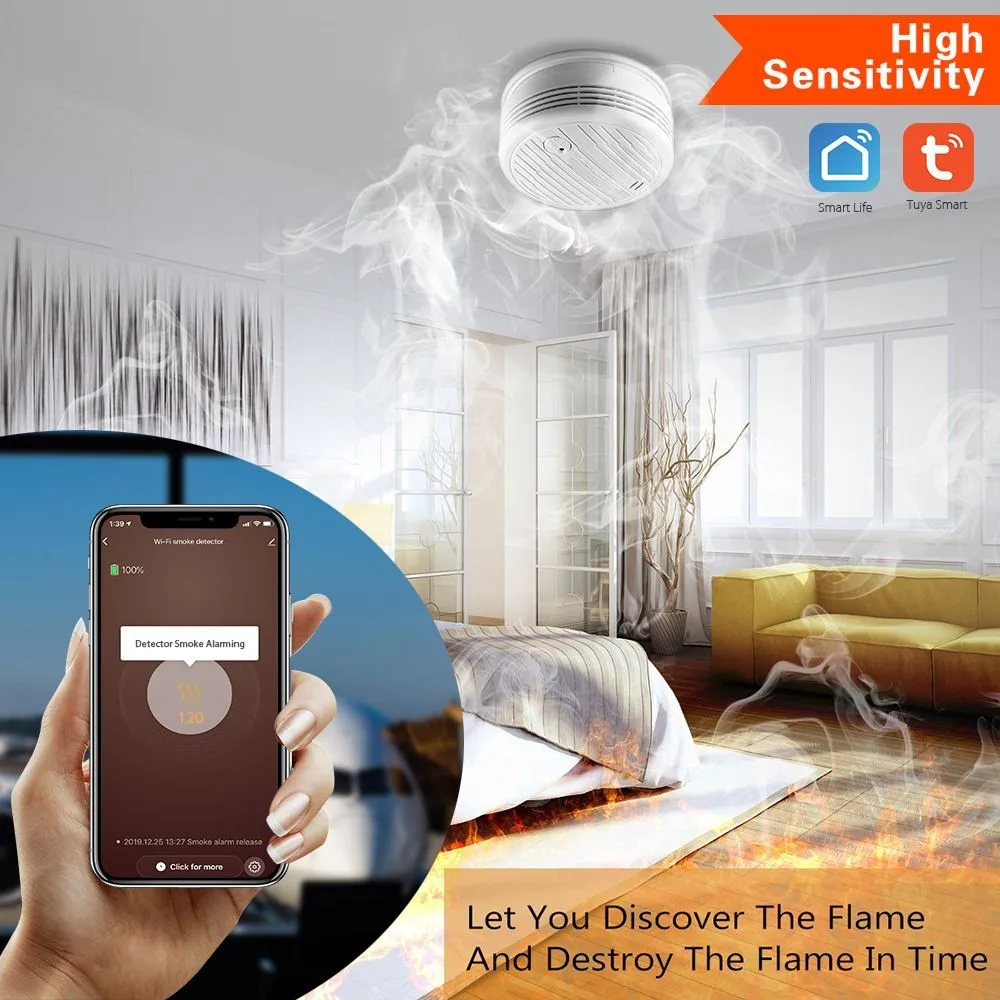 TY-SMK-07 Tuya Wifi rilevatore di fumo Wireless luce acustica antincendio allarme fumo suggerimenti App Mobile Smart Home tipo a soffitto