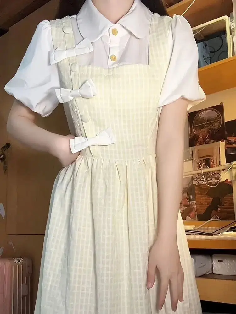 Sweet College Style Bow Fake Two-piece Splicing Dress Female Student Korean Version High Waist Thin Fluffy First Love Dress