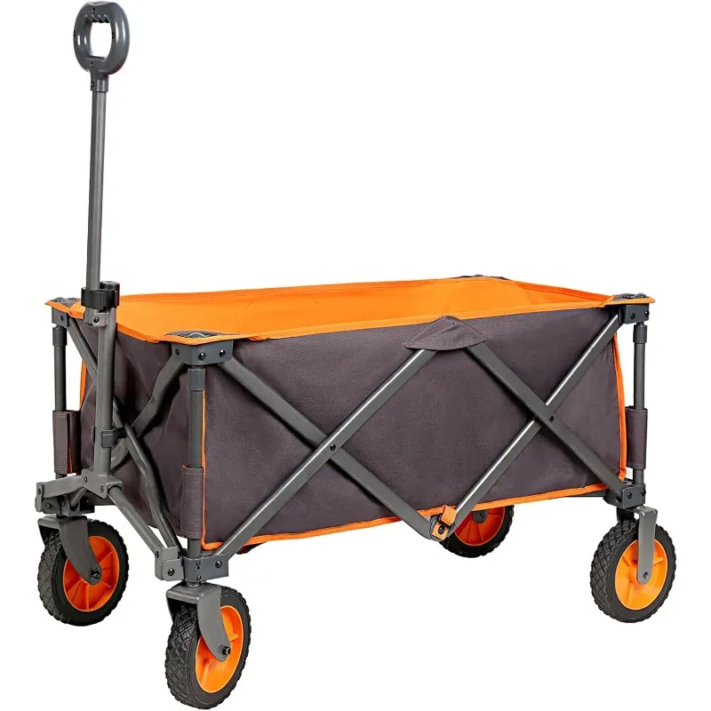 Push Pull Collapsible Folding Wagon with All-Terrain Wheels, Heavy Duty Utility Grocery Wagon,Holds 225 lbs, Grey/Orange