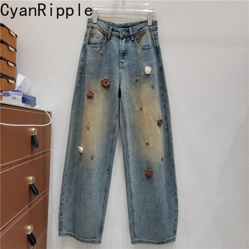 3d Rose Flowers Vintage Straight Jeans 2026 New Autumn All-match High Waist Floor-length Wide Leg Casual Women Denim Trousers