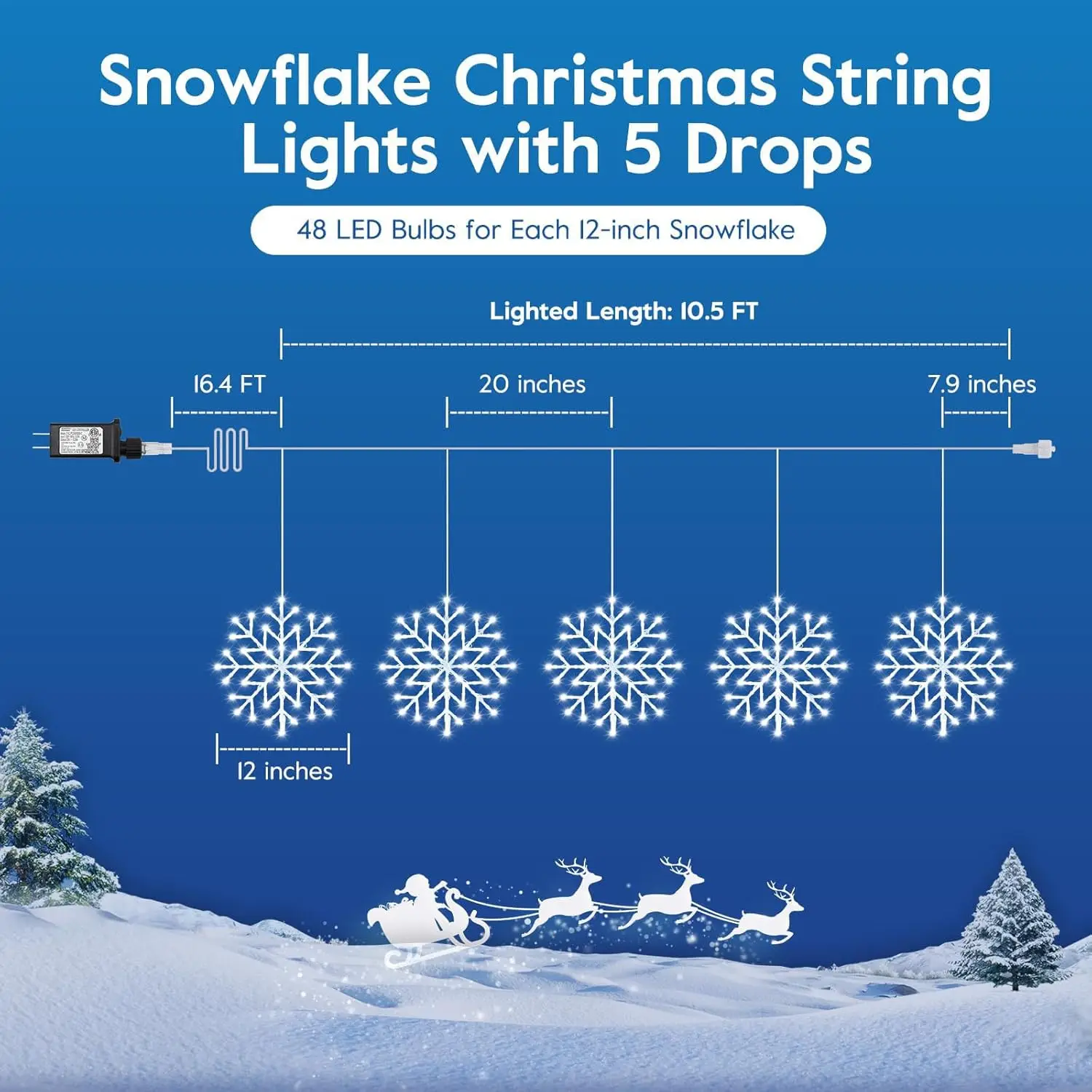 Christmas Snowflake Icicle Lights Outdoor - Plug-in 10.5ft 5 Drops 240LED Snowflake Window Light with 8 Modes, Hanging