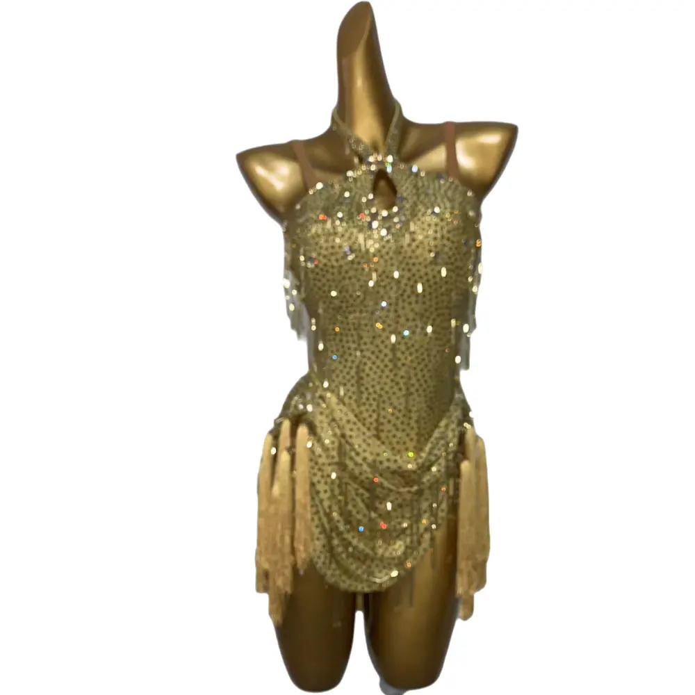 

Latin Dance Stage Costume Women's High-end Customized Gold Tassel Slim Fit Suspender Samba Art Dance Rhinestone Costume Dress