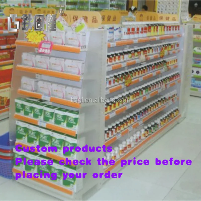 custom.Enhanced Retail Visibility Pharmacy Shelf Display System Made of Durable Metal Glass Wood Shop Showcase