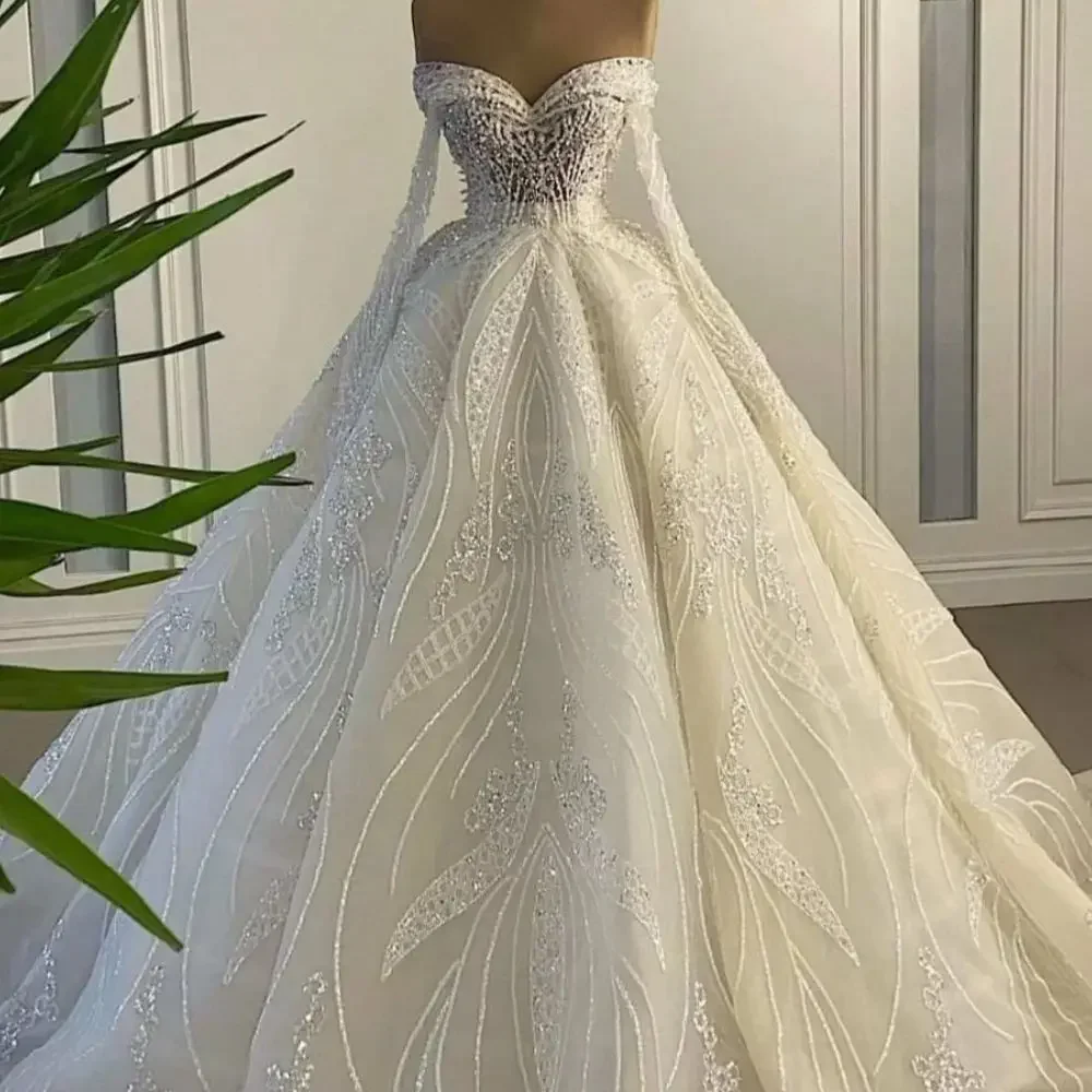 

Luxurious Sparkling A-line Lace Decal Puff Women's Wedding Dress Sexy Square Collar Ball Bridal Dress Vestido De NoviaCustomized