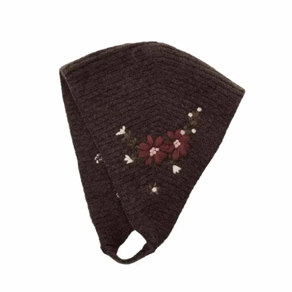 Casual Floral Flower Embroidery Knitted Hat Retro Warm Earflap Hat Ear Protectors Beanies Hijab Scarf Accessories