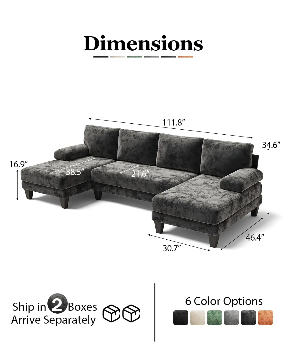U-Shaped Sectional Sofa 4-Seat Double Chaise Chenille Fabric 112 Inch Living Room Apartment Dark Grey, Customized