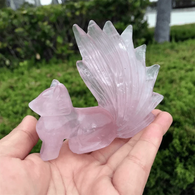 Natural Rose Quartz Fox Carving Animal Landscaping, Nine-Tailed Fox, Healing Fengshui, Christmas Home Decoration Gift, 1Pc