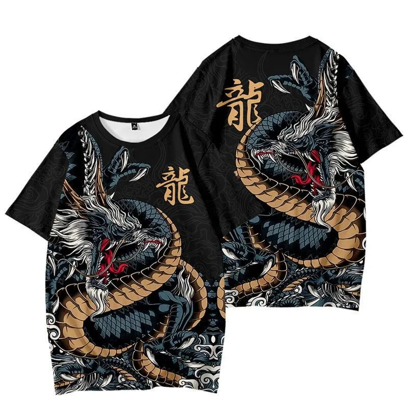 Men Dragon Print Tee Shirt Vintage Oriental Pattern Short Sleeve Round Neck Casual Streetwear Top