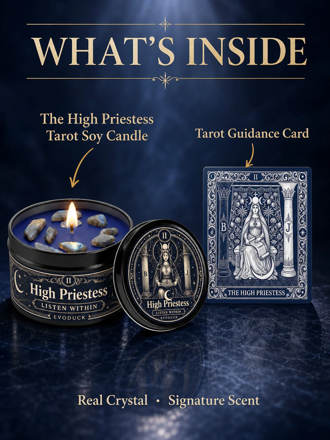 EVODUCK The High Priestess Tarot Candle with Blue Grey Crystal Stones, Scented Black Tin Candle, The Answer Lies Within Spiritual Ritual Candle for Meditation, Intuition Divination, Moon Witch Altar Decor, Birthday Halloween Gift for Tarot Reader Her