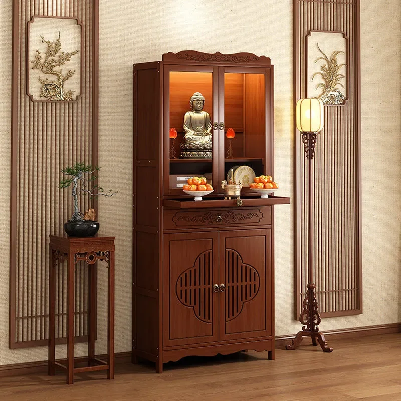 Buddhist Shrine Cabinet Wooden Altar Table for Buddha Statue Bodhisattva God of Wealth Home Worship Offering Platform Stand