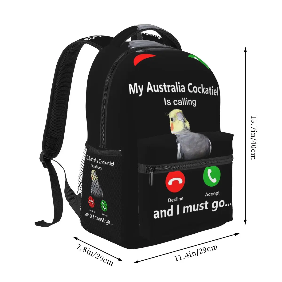 My Australia Cockatiel Is Calling And I Must Go Cockatoo Cockatiel Parrot Backpacks Bookbag School Bags Rucksack Shoulder Bag