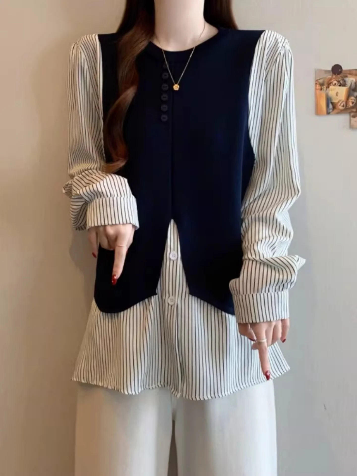 

Loose Long Sve irt Women's Spring Faion plus Size Fake Two-Piece Comfortable Top Korean Sle Commute Wind Regular Fit