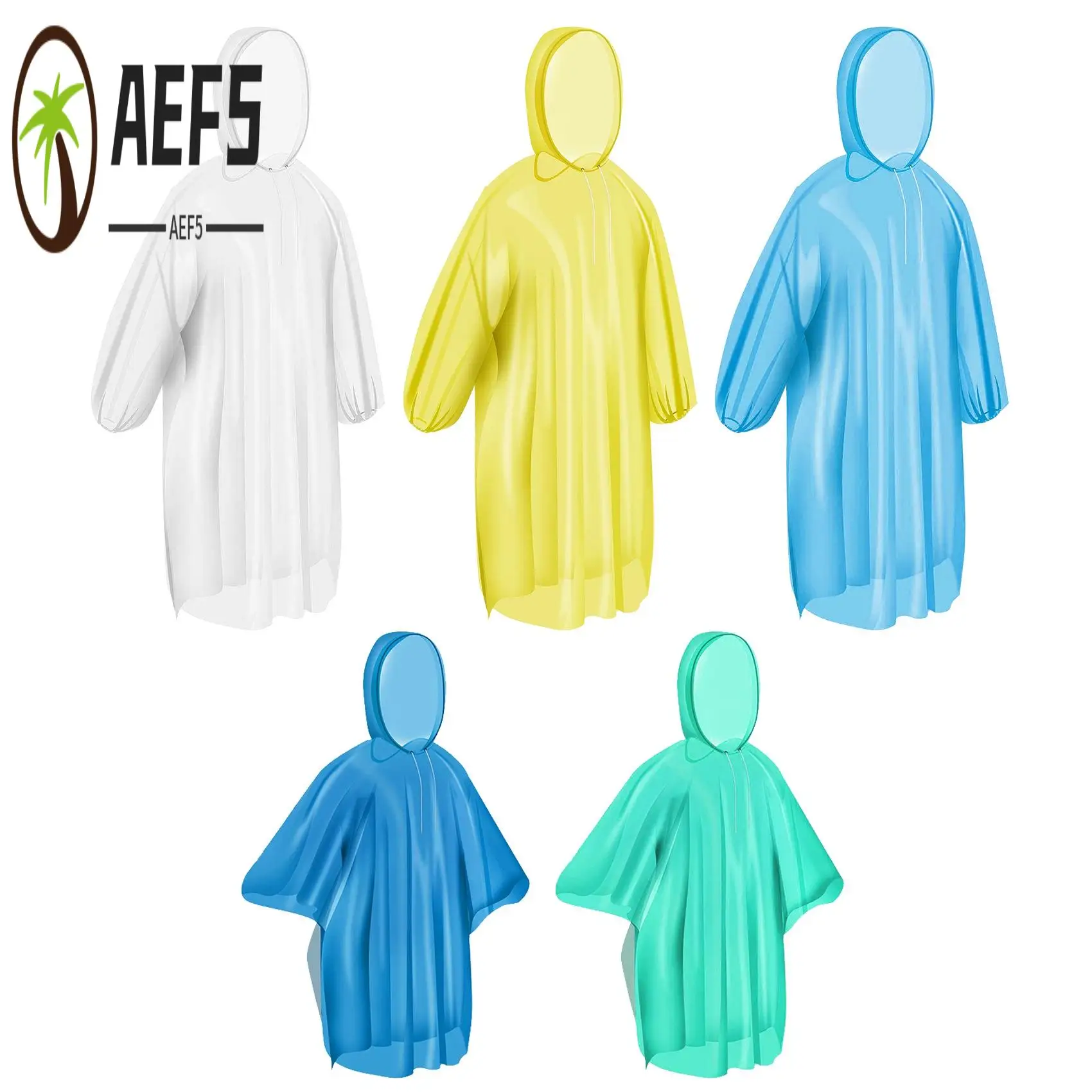 

AEF5-Ponchos Family Pack,Rain Poncho For Adults Kids Disposable Or Reusable Ponch Rain Ponchos With Drawstring Hood 5 Pack