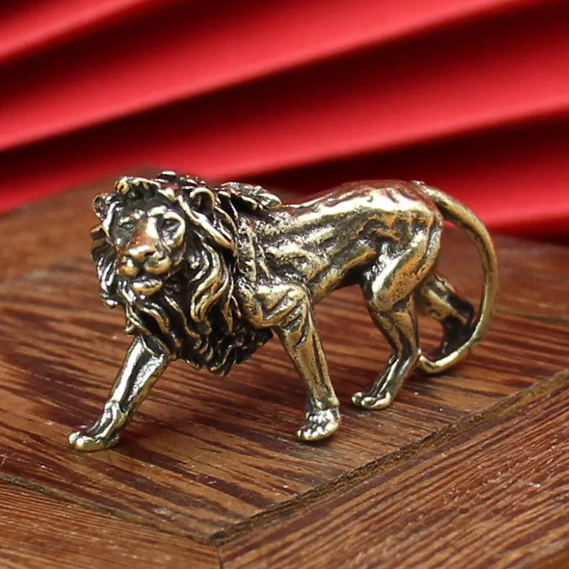 Pure Copper Lion Miniatures Figurines Desk Decorations Vintage Brass Mini Animal Statue Home Ornaments Decorative Accessories