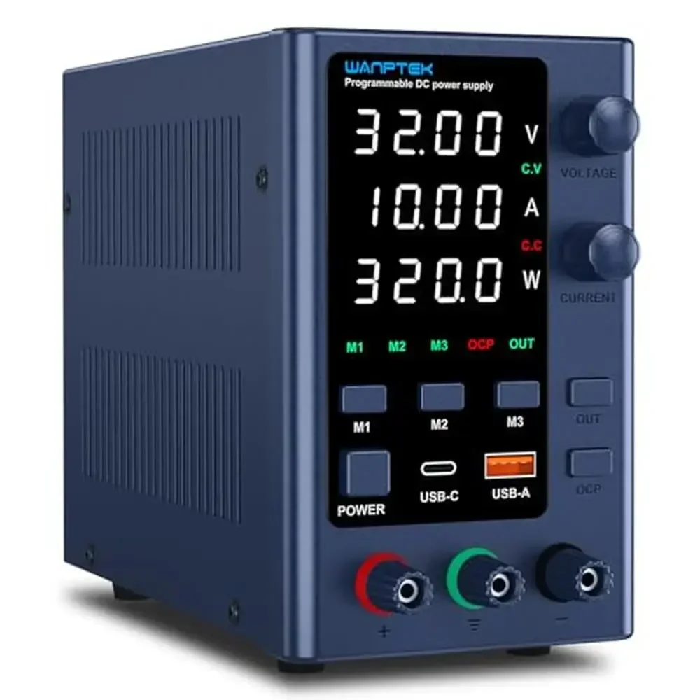

Variable Bench Power Supply Memory Storage USB-A USB-C Fast Charge Short Circuit Alarm Encoder Knob 0-32V 0-10A DC Power Supply