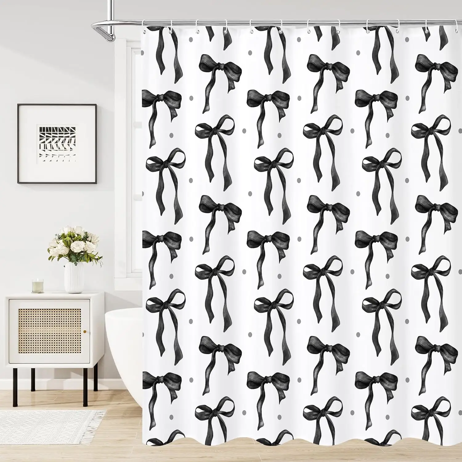 

Cute Bow Shower Curtain, Black Aesthetic Bowknot Shower Curtain for Bathroom, Modern Minimalist White Waterproof Fabric Shower C