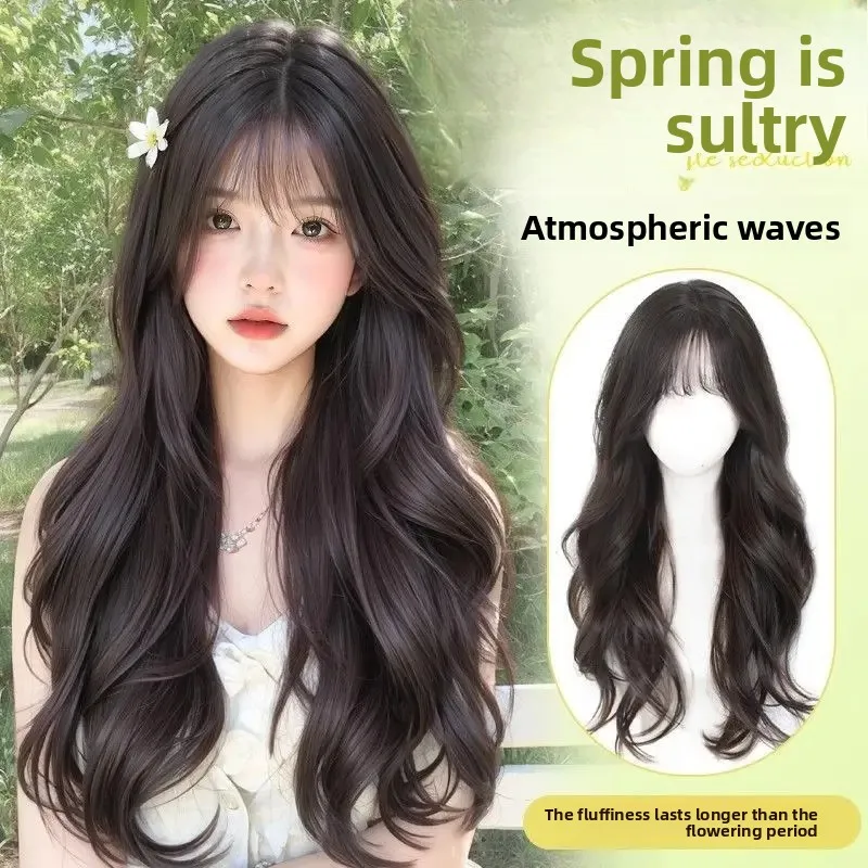 Women's Long Hair Wig Full Head Cover Natural Part Bangs Big Curl Wig Daily Whole Head Wig Asian Synthetic Fiber Mechanism