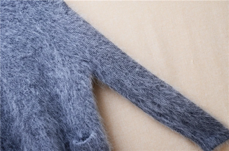 Ladies Women Autumn Winter Fashion Grey Hairy Angora Rabbit Hair Knitted O-Neck Long Sleeves Slim Pullover Sweater Jumper Pull