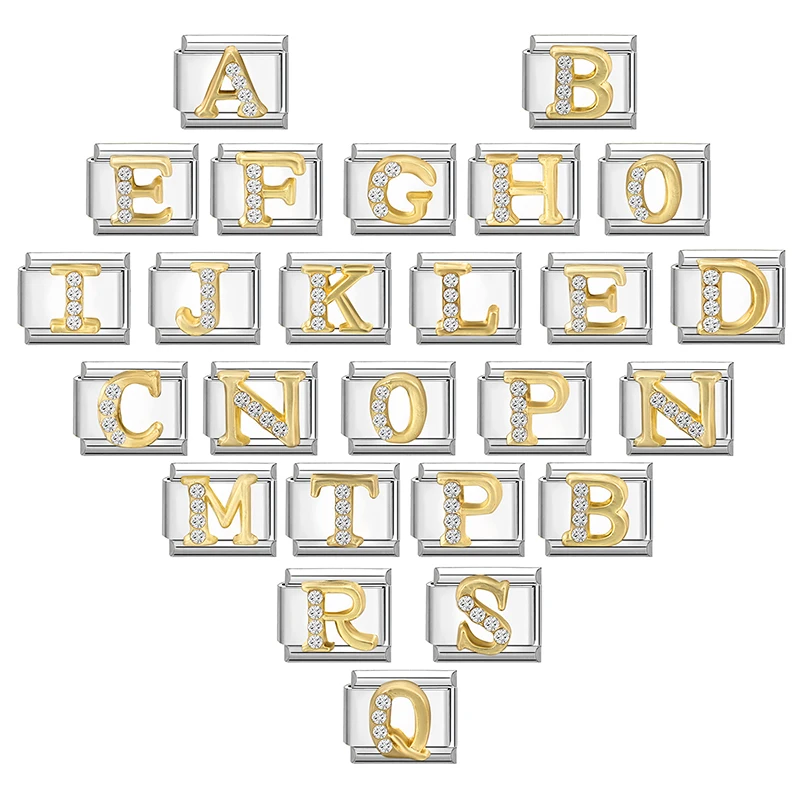 Gold Color 26 English A-Z Capital Letters Shiny Zircon Italian Charm Link Fit 9mm Stainless Steel Bracelet Women Men DIY Making