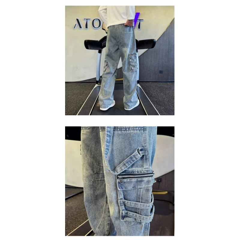 Celana Jeans Pria Berkualitas Tinggi GIOIOMen, Celana Denim Kasual Cargo Multi-Kantong dengan Tali Serut di Pinggang, Musim Gugur Musim Dingin 2025