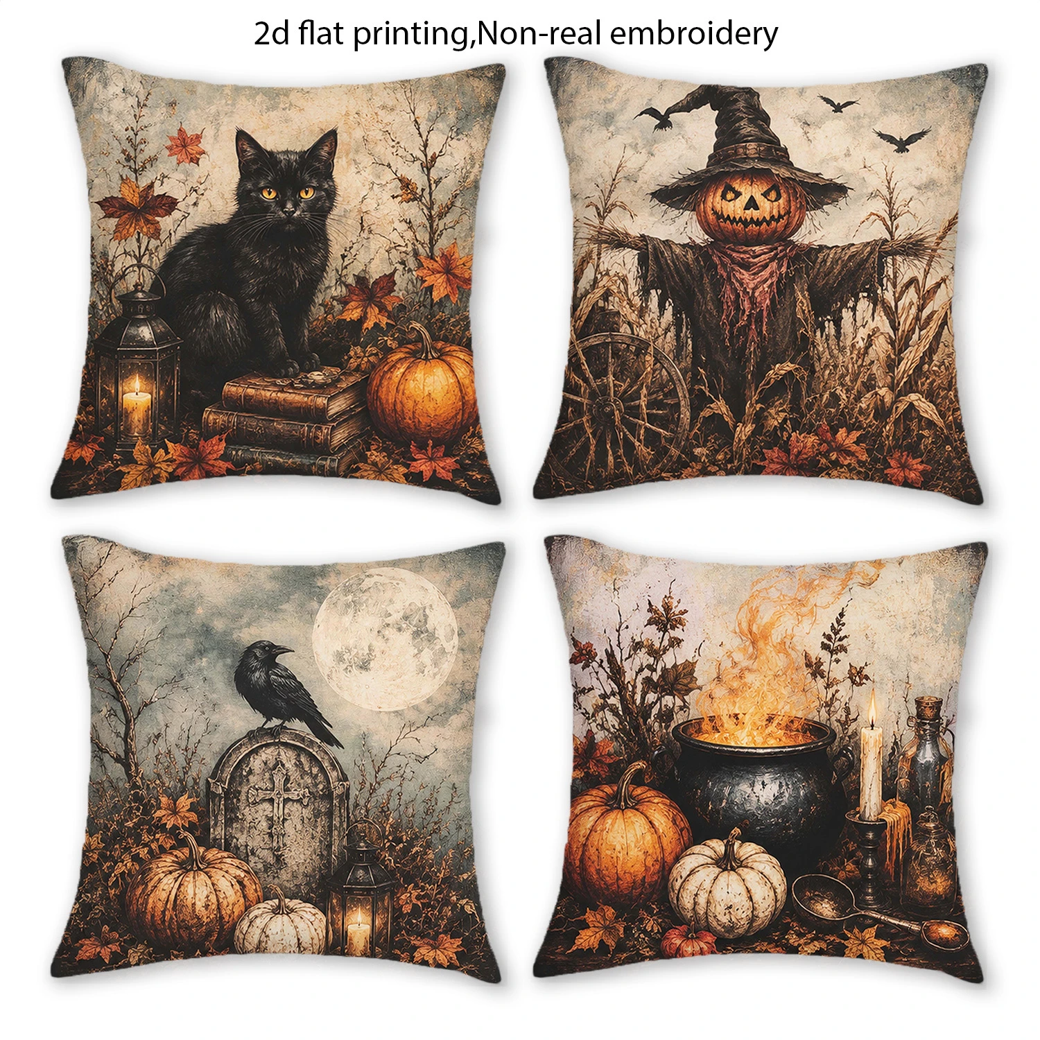 4PCS Pink Black Halloween Throw Pillow Covers, Spooky Season Witch Cat Owl Haunted House Decorative Pillow Cases for Sofa Couch