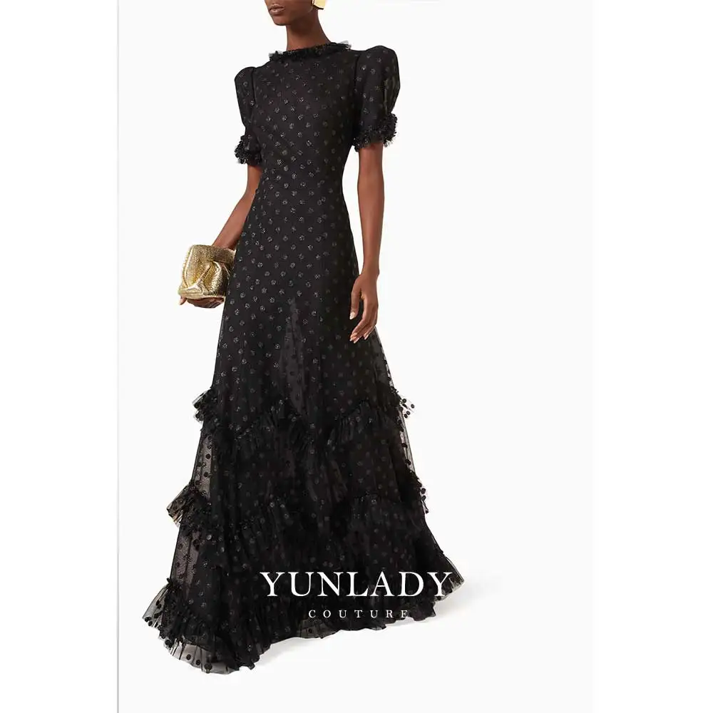 YUNLAN Gorgeous Black Lady Chiffon Evening Dress Sexy Short Sleeve Tulle Perspective Sense Long Dress 2024 Dubai Ball Gown