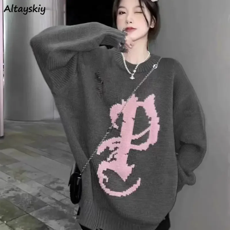 سترات نسائية محبوكة عتيقة بلوفرات دافئة مترهل فضفاضة برقبة مستديرة مطبوعة شعبية كل مباراة مريحة كلاسيكية Ulzzang