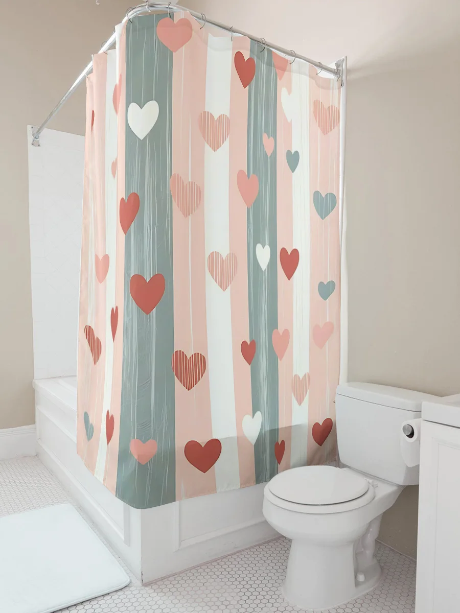 

Водонепроницаемая занавеска для душа с романтическим сердечком, карман для ванной комнаты, простая установка, чистый современный домашний декор, бесплатный крючок