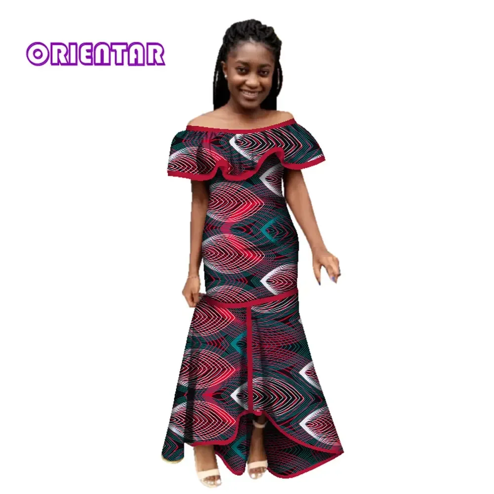 Fashion Women African Dress Slash Neck Long Maxi Dress Bazin Riche African Print Clothing for Women Party Evening Dress WY2781