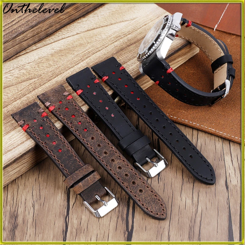 

Luxury Watch Band Trendy Red Hole Leather Strap for Men Stitched Thick Thread Strap 20mm 22mm Watch Strap for Smart Watches