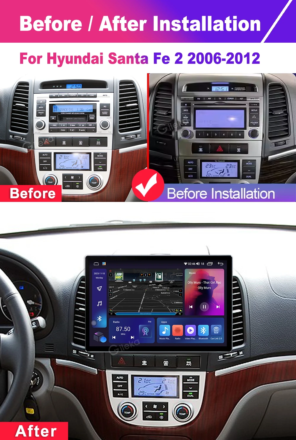 12.5 inch Screen Carplay For Hyundai Santa Fe 2006-2012 Car Radio Android Auto Multimedia Player GPS WiFi Head Unit
