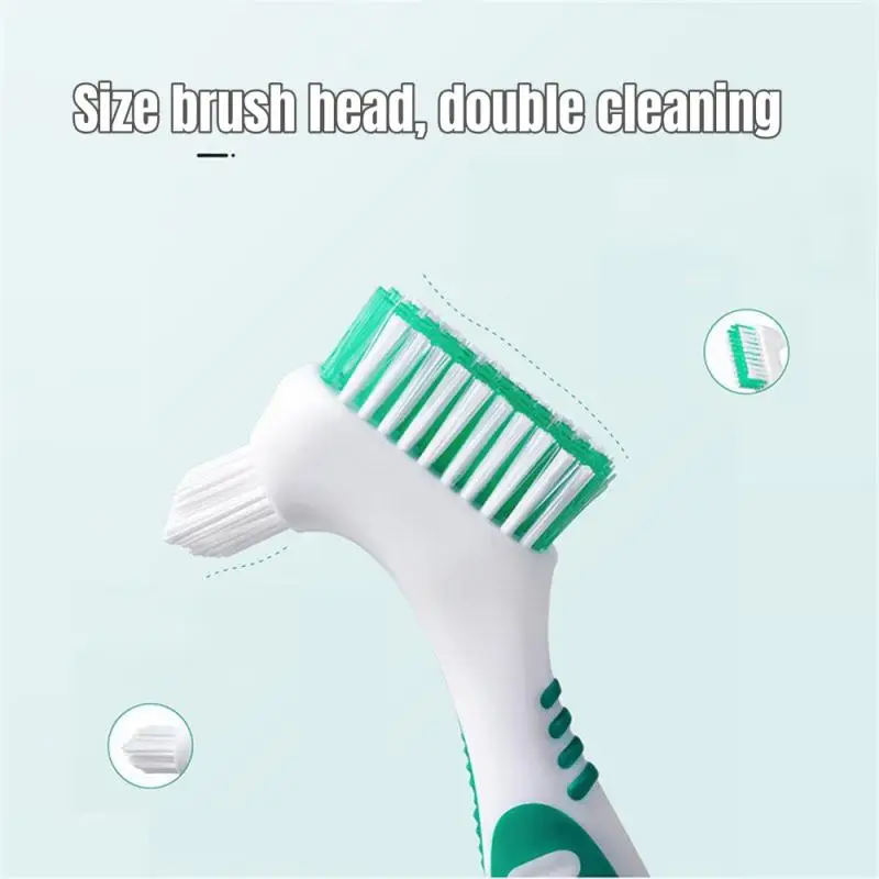 Multi-Layered Bristles Denture Cleaning False Teeth Brush Oral Care Non-slip Ergonomic Rubber Handle Dual Heads Antibacterial