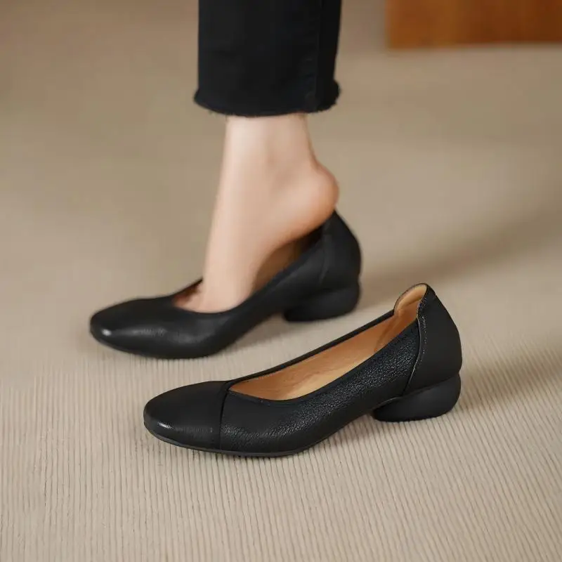 Women's Soft Leather Flats Square Toe Slip-On Comfortable Low Heel Soft Sole Lightweight Casual Mother's Shoes for Daily Walking image 4