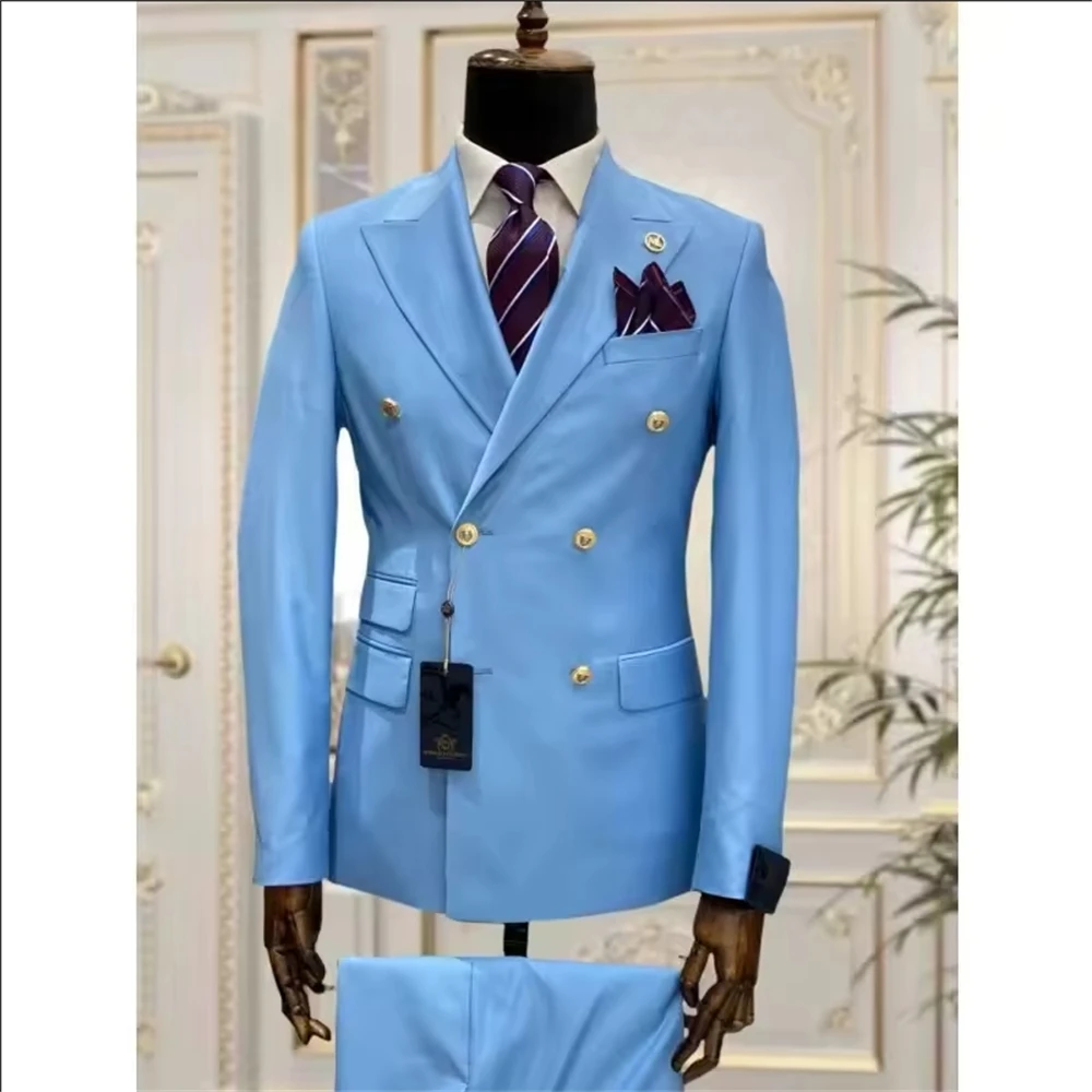 

Sky Blue Men Suits Double Breasted Slim Fit Wedding Tuxedos Two Pieces Best Man Groom Business Party Prom Costume Blazer+Pants