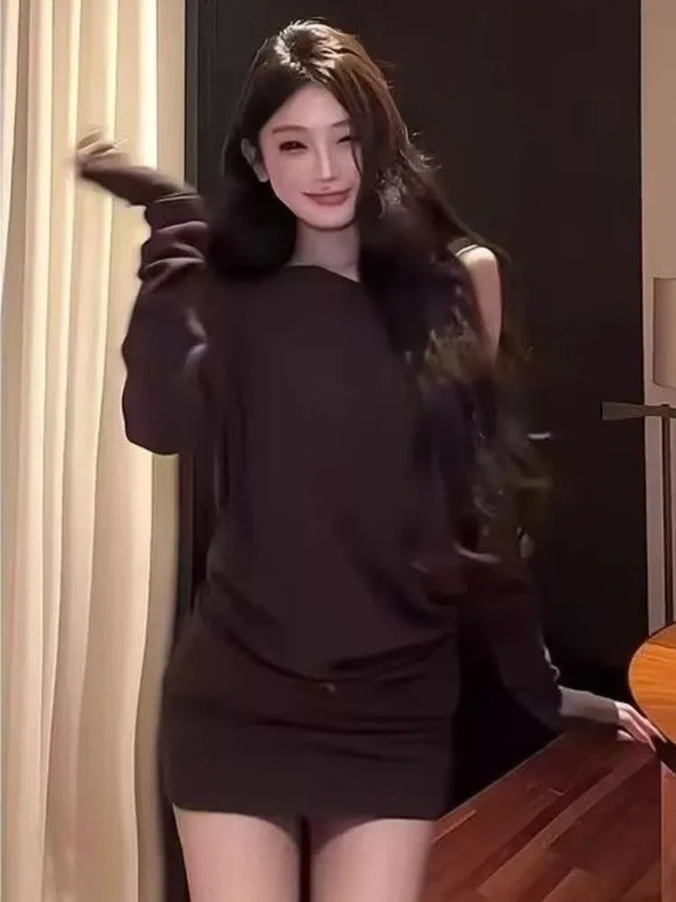 

Платье с косым воротником и открытыми плечами, длинными рукавами, ранняя осень 2022, новое нижнее платье для женщин Y2k, облегающее платье со рюшами, Vestidos Mujer