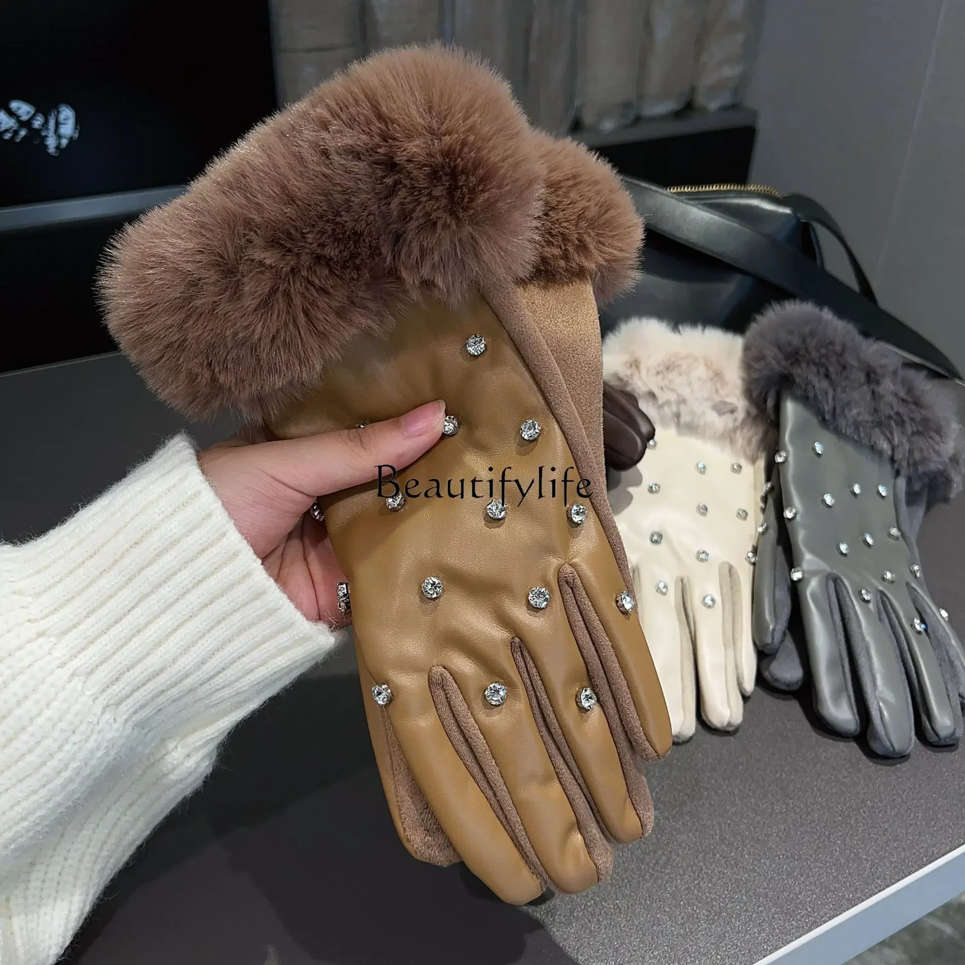 Index finger full touch screen protein skin rhinestone imitation rabbit fur mouth gloves winter piled and thickened