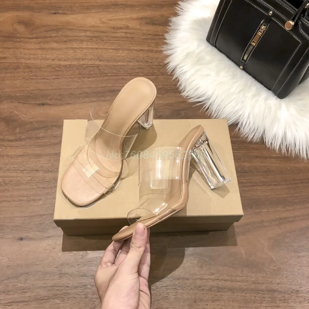 Transparent Heel Elegant Slippers Chunky Square Toe Straps Women Nude 2024 Outside Slippers Dress Designer Luxury Brand New